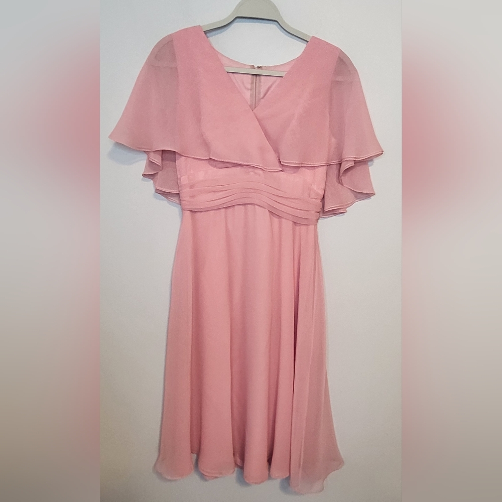 Vintage 70s Miss Elliette Pink Chiffon Flutter Sleeve Tea Length Dress S/M